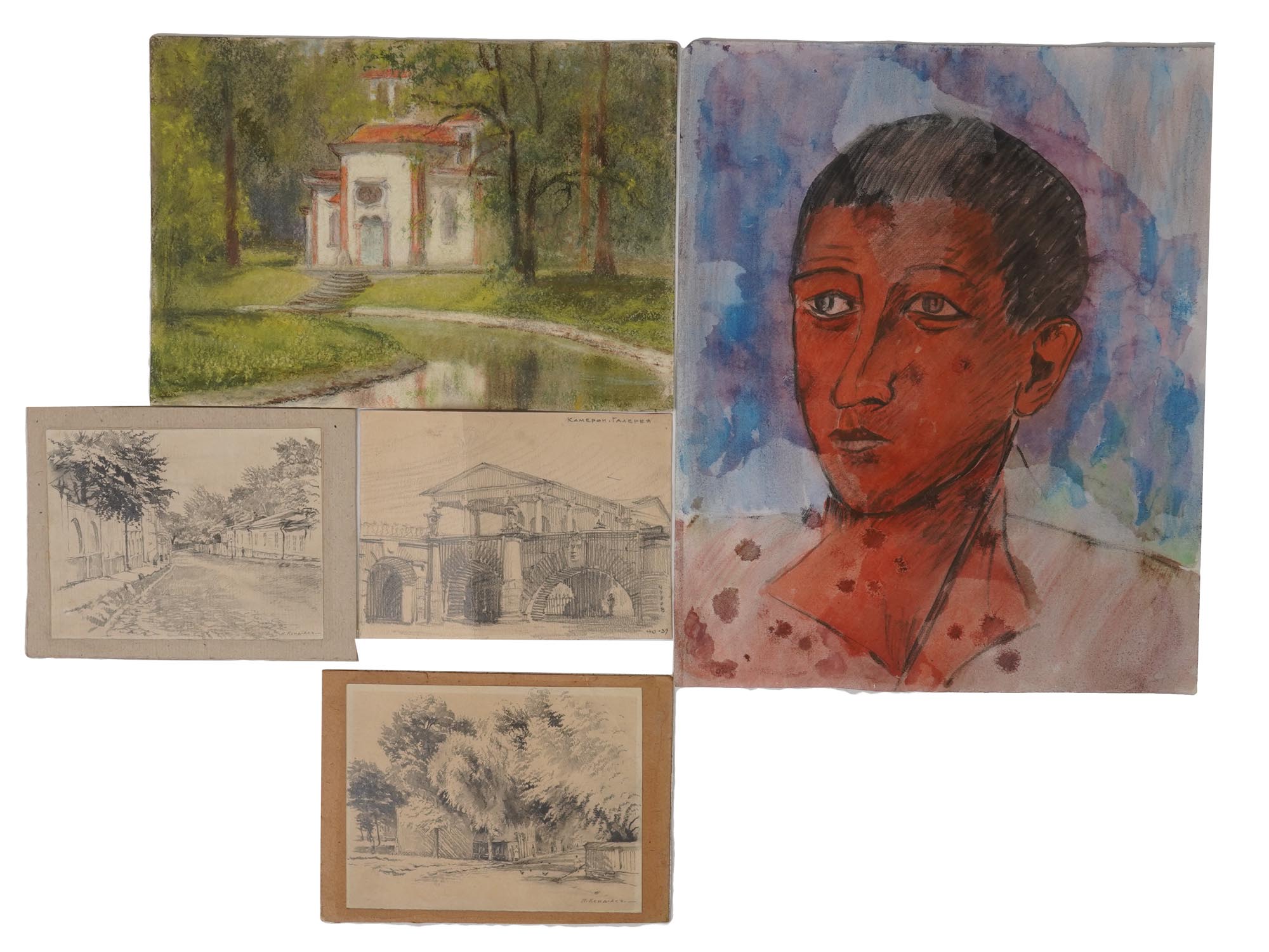 RUSSIAN CHARCOAL DRAWING AND WATERCOLOR PAINTINGS